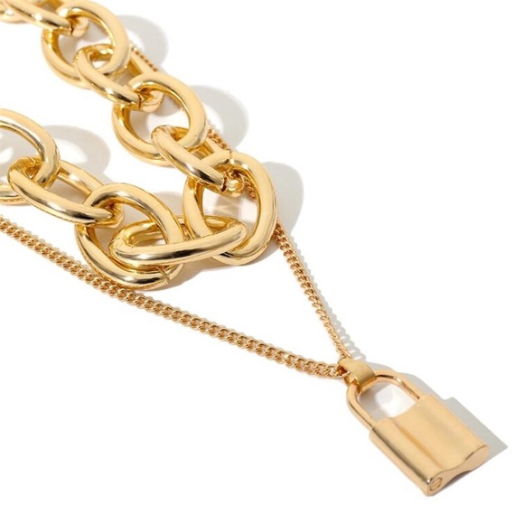 NEW Bold Gold Layering Necklace Jewelry Chain Lock - Picture 3 of 6